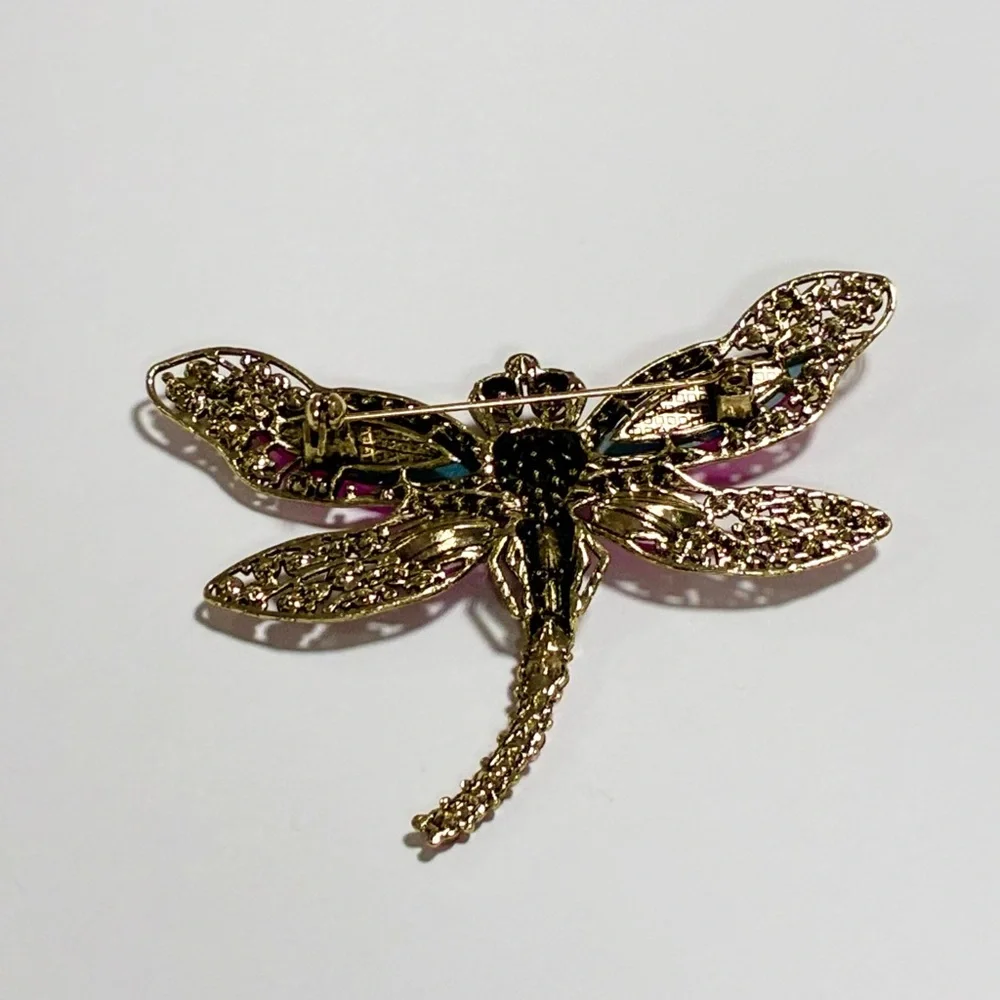 Vintage gemstone antique embellished dragonfly brooch pin pink gold barbiecore